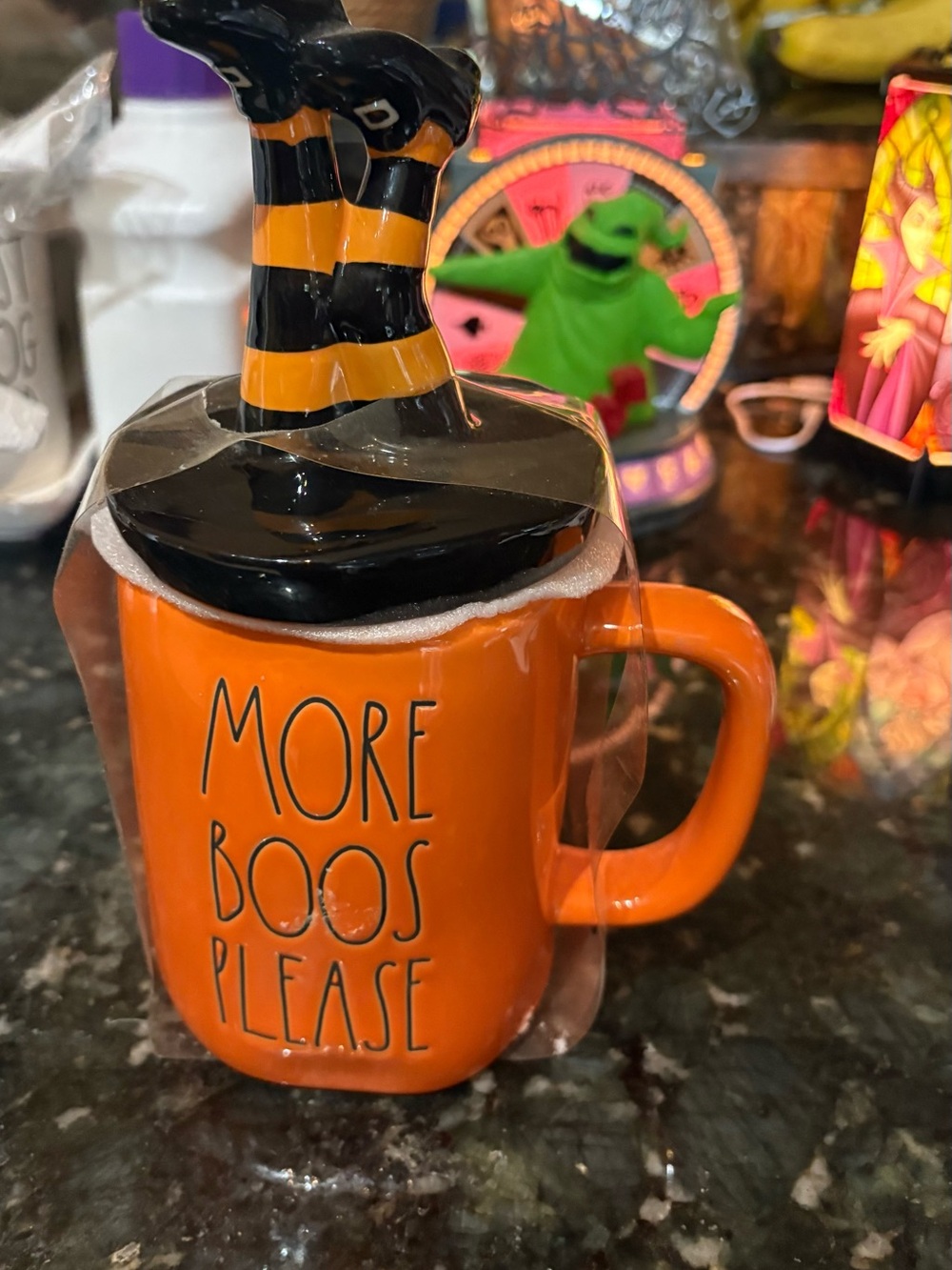 Halloween 'More Boos Please' Orange Ceramic Mug with Witch Leg Lid New